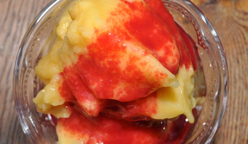 peach ice and raspberry coulis